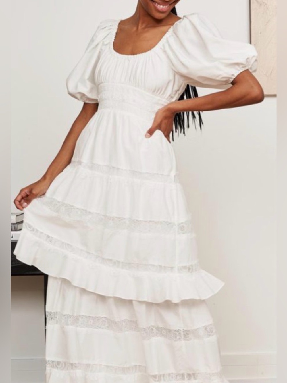 LA LIGNE WHITE SHORT PUFF SLEEVE BOHO PEASANT INSET LACE MAXI COSI DRESS SZ XS